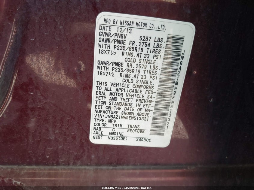 2014 Nissan Murano VIN JN8AZ1MW9EW513321 IAAI salvage auction — FRONT & REAR, Salvage (Iowa), sold $25 on 2026-07-29 (photo 9)