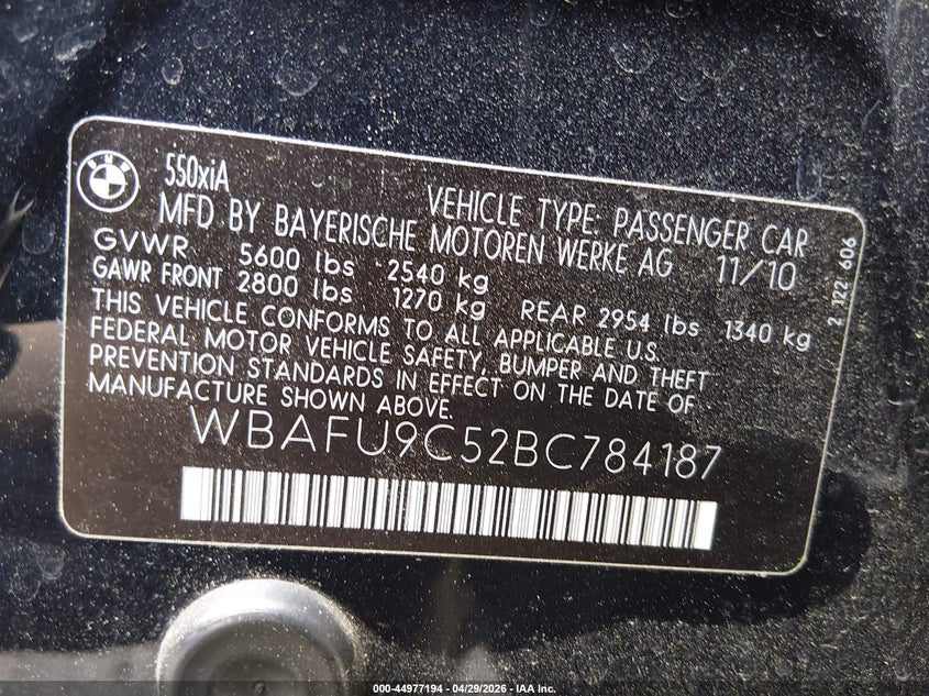 2011 BMW 5 series VIN WBAFU9C52BC784187 IAAI salvage auction — FRONT END, Salvage (New Jersey), sold $3,125 on 2026-07-13 (photo 9)