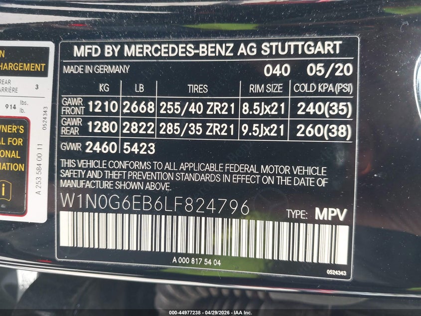 2020 Mercedes-benz VIN W1N0G6EB6LF824796 IAAI salvage auction — RIGHT SIDE, Mv-907A (New York), sold $11,350 on 2026-07-14 (photo 9)