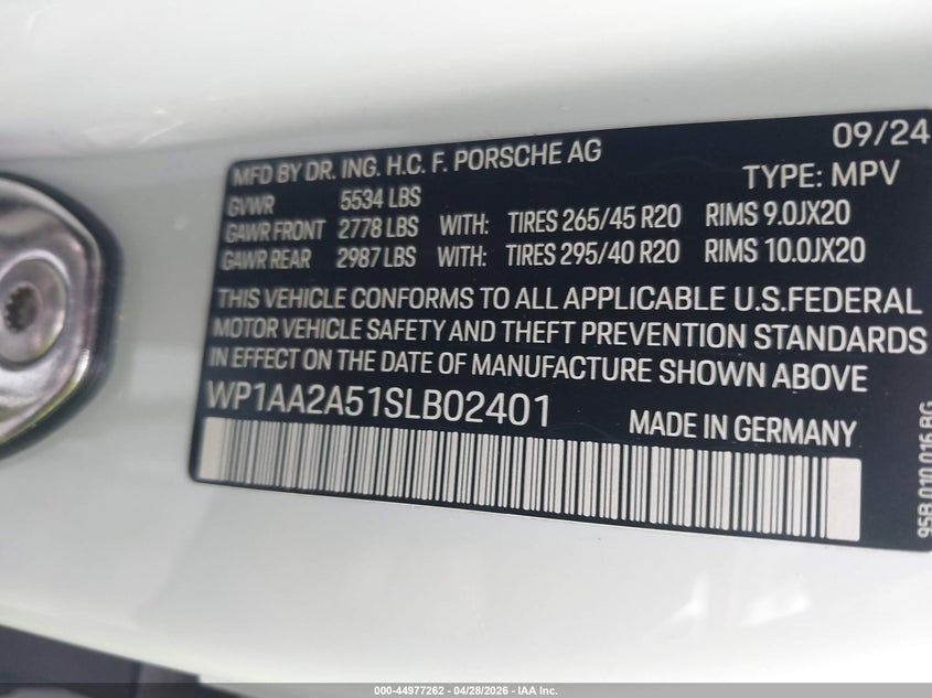2025 Porsche Macan VIN WP1AA2A51SLB02401 IAAI salvage auction — FRONT END, Salvage (North Carolina), sold $12,700 on 2026-07-30 (photo 9)