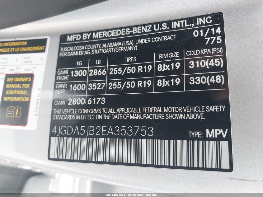 2014 Mercedes-benz M-klasse VIN 4JGDA5JB2EA353753 IAAI salvage auction — FRONT END, Salvage Title, sold $25 on 2026-07-30 (photo 9)