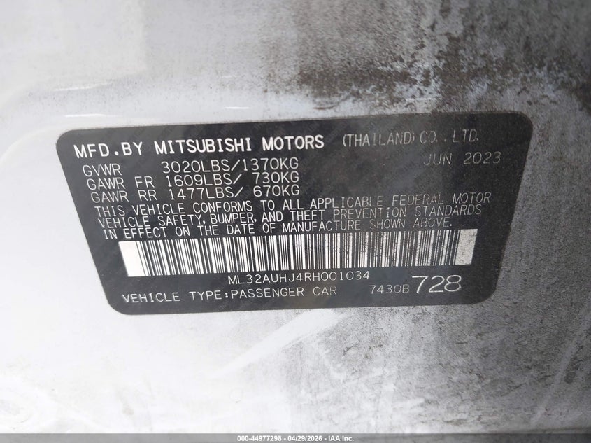 2024 Mitsubishi Mirage VIN ML32AUHJ4RH001034 IAAI salvage auction — FRONT END, Salvage Title, sold $1,900 on 2026-07-19 (photo 9)