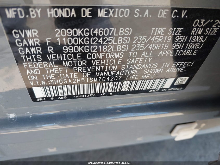 2025 Acura Adx VIN 3HDSA2H51SM704207 IAAI salvage auction — LEFT FRONT, Salvage Title, sold $12,400 on 2026-07-11 (photo 9)