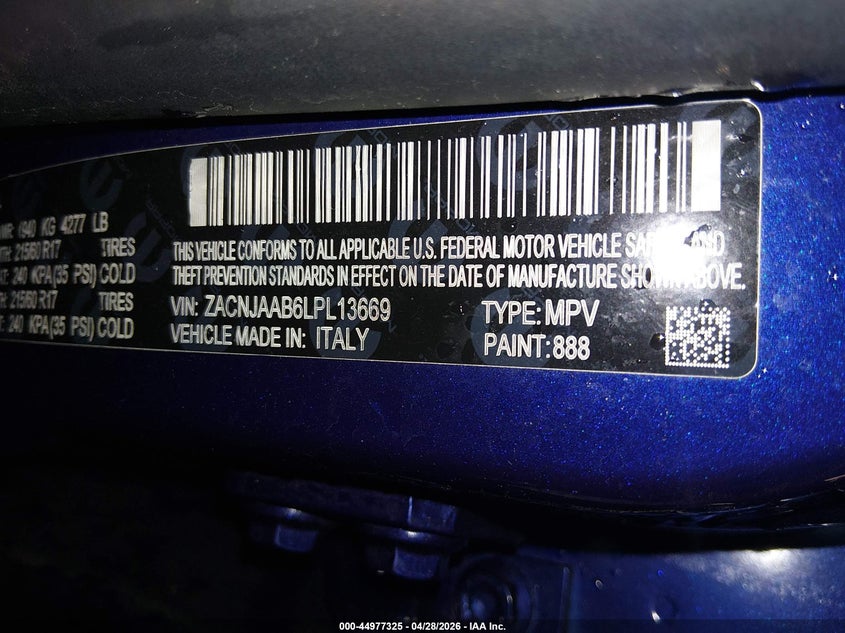 2020 Jeep Renegade VIN ZACNJAAB6LPL13669 IAAI salvage auction — FRONT END, Salvage Title, sold $675 on 2026-07-06 (photo 9)