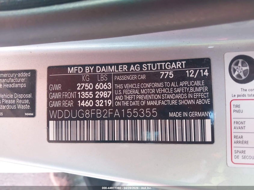 2015 Mercedes-benz S-klasse VIN WDDUG8FB2FA155355 IAAI salvage auction — LEFT SIDE, Salvage (Arizona), sold $3,350 on 2026-08-18 (photo 9)