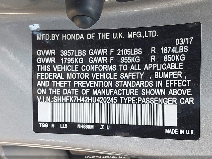 2017 Honda Civic VIN SHHFK7H42HU420245 IAAI salvage auction — FRONT END, Salvage Title, sold $3,700 on 2026-07-07 (photo 9)