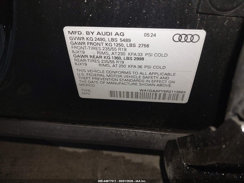 2024 Audi Q5 VIN WA1GAAFY5R2113663 IAAI salvage auction — FRONT END, Original (Texas), sold $13,575 on 2026-08-14 (photo 9)
