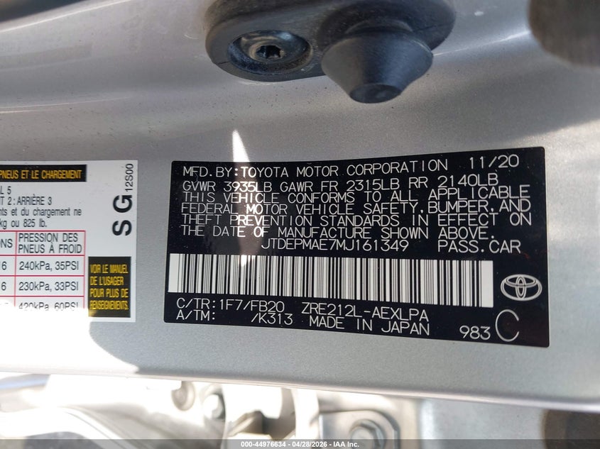 2021 Toyota Corolla VIN JTDEPMAE7MJ161349 IAAI salvage auction — RIGHT SIDE, Original (Texas), sold $3,500 on 2026-07-29 (photo 9)