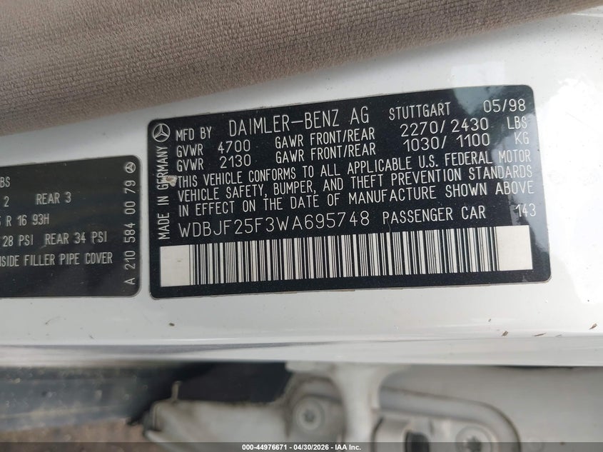 1998 Mercedes-benz VIN WDBJF25F3WA695748 IAAI salvage auction — REAR END, Salvage (Texas), sold $325 on 2026-07-09 (photo 9)