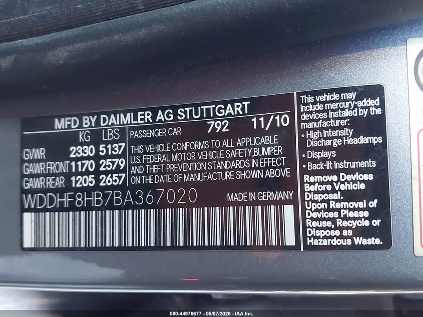2011 Mercedes-benz E-klasse VIN WDDHF8HB7BA367020 IAAI salvage auction — LEFT REAR, Clear (Missouri), sold $575 on 2026-08-12 (photo 9)