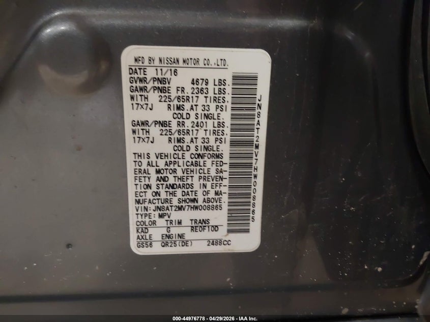 2017 Nissan Rogue VIN JN8AT2MV7HW008865 IAAI salvage auction — FRONT END, Mv-907A (New York), sold $1,000 on 2026-07-29 (photo 9)
