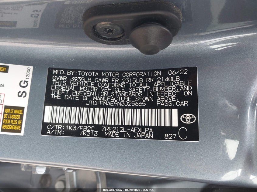 2022 Toyota Corolla VIN JTDEPMAE9N3025665 IAAI salvage auction — LEFT SIDE, Salvage Title, sold $3,100 on 2026-07-29 (photo 9)