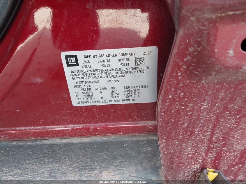 2022 Chevrolet Trailblazer VIN KL79MTSL3NB105578 IAAI salvage auction — LEFT & RIGHT, Original (Texas), sold $8,075 on 2026-07-27 (photo 9)