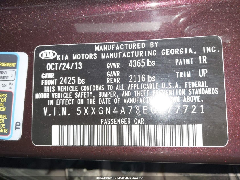 2014 Kia Optima VIN 5XXGN4A73EG277721 IAAI salvage auction — HAIL, Original (Texas), sold $800 on 2026-07-14 (photo 9)