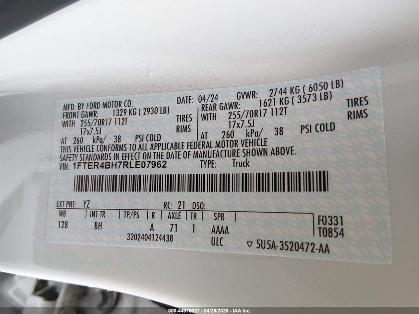 2024 Ford Ranger VIN 1FTER4BH7RLE07962 IAAI salvage auction — SIDE, Salvage Title, sold $7,600 on 2026-07-09 (photo 9)