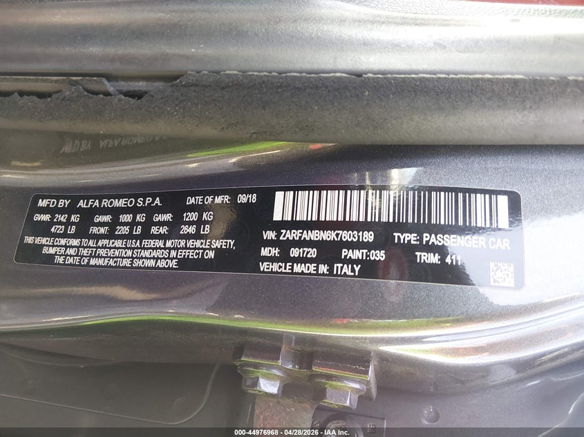 2019 Alfa romeo Giulia VIN ZARFANBN6K7603189 IAAI salvage auction — FRONT & REAR, Rebuildable (Florida), sold $4,900 on 2026-07-13 (photo 9)