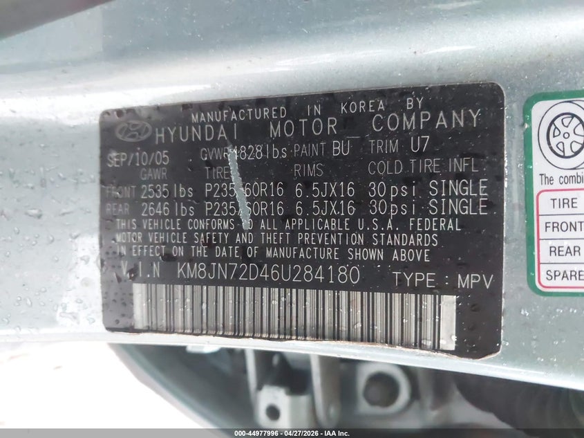 2006 Hyundai Tucson VIN KM8JN72D46U284180 IAAI salvage auction — NORMAL WEAR, Salvage (Texas), sold $525 on 2026-07-29 (photo 9)