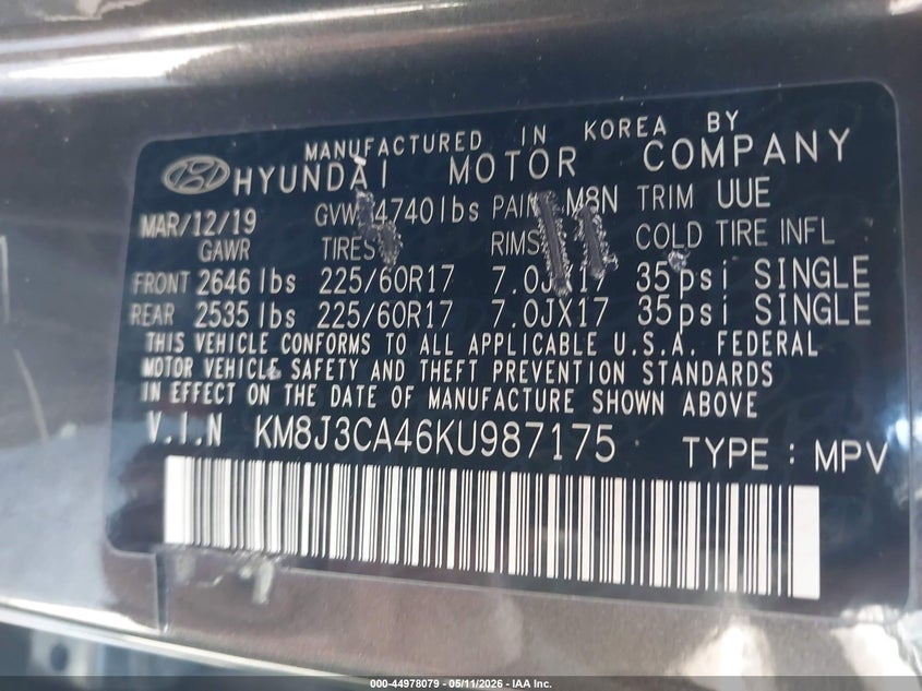 2019 Hyundai Tucson VIN KM8J3CA46KU987175 IAAI salvage auction — RIGHT REAR, Salvage (Idaho), sold $2,850 on 2026-07-28 (photo 9)