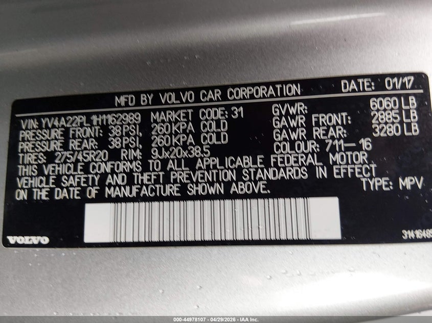 2017 Volvo Xc90 VIN YV4A22PL1H1162989 IAAI salvage auction — FRONT END, Salvage (South Carolina), sold $6,250 on 2026-07-14 (photo 9)