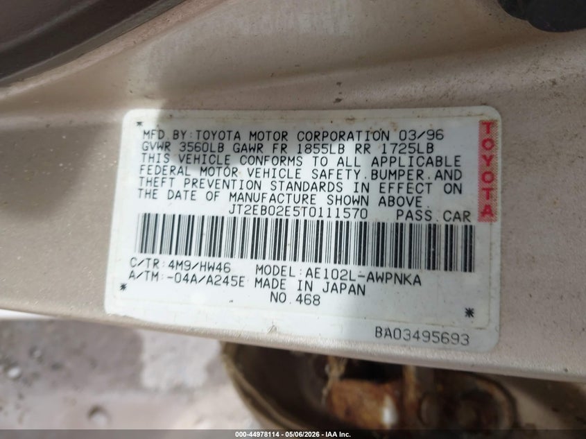 1996 Toyota Corolla VIN JT2EB02E5T0111570 IAAI salvage auction — NORMAL WEAR, Original (Kentucky), sold $225 on 2026-07-06 (photo 9)