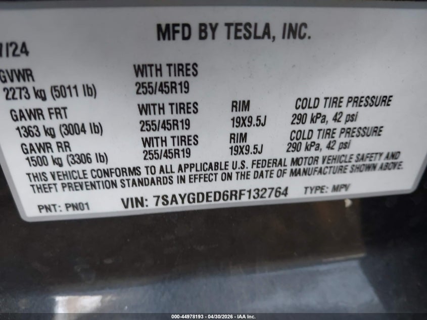 2024 Tesla Model y VIN 7SAYGDED6RF132764 IAAI salvage auction — SIDE, Salvage (California), sold $12,350 on 2026-07-16 (photo 9)