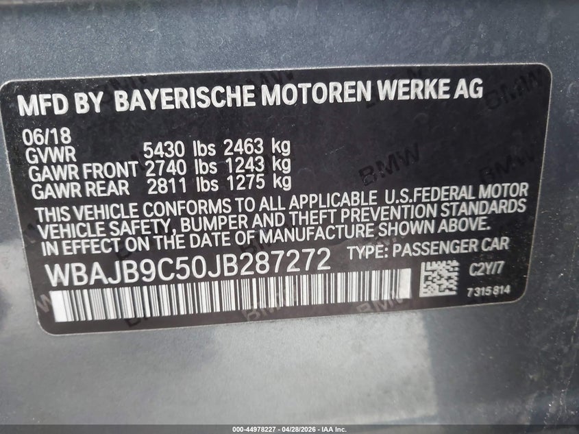 2018 BMW 5er VIN WBAJB9C50JB287272 IAAI salvage auction — FRONT & REAR, Salvage (Illinois), sold $8,400 on 2026-07-14 (photo 9)
