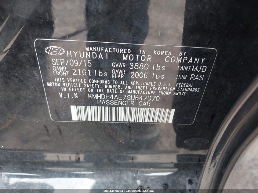 2016 Hyundai Elantra VIN KMHDH4AE7GU647070 IAAI salvage auction — WATER/FLOOD, Salvage Title, sold $525 on 2026-07-08 (photo 9)
