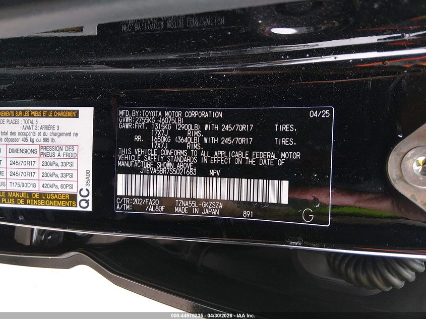 2025 Toyota 4runner VIN JTEVA5BR7S5021683 IAAI salvage auction — FRONT END, Salvage (Colorado), sold $19,950 on 2026-07-28 (photo 9)
