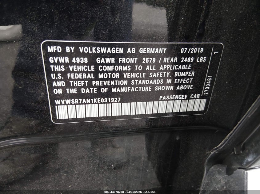 2019 Volkswagen Arteon VIN WVWSR7AN1KE031927 IAAI salvage auction — FRONT END, Salvage (Pennsylvania), sold $4,050 on 2026-07-21 (photo 9)