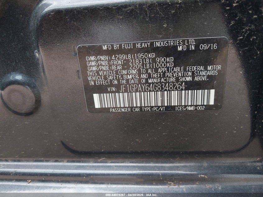 2016 Subaru Impreza VIN JF1GPAY64G8348264 IAAI salvage auction — FRONT END, Clear (Wisconsin), sold $1,275 on 2026-07-29 (photo 9)