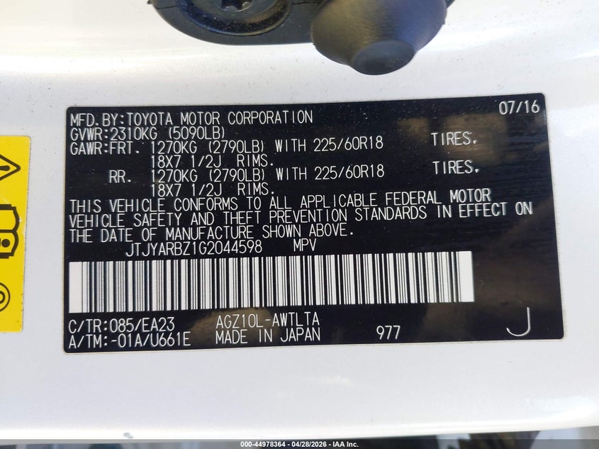 2016 Lexus Nx VIN JTJYARBZ1G2044598 IAAI salvage auction — RIGHT FRONT, Salvage (California), sold $5,450 on 2026-07-06 (photo 9)