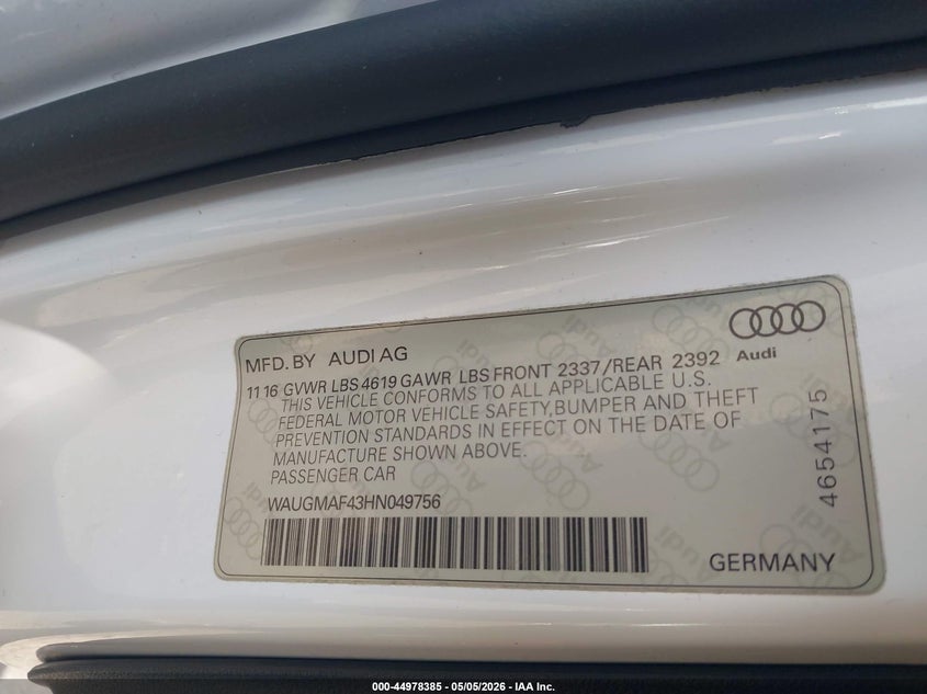 2017 Audi A4 VIN WAUGMAF43HN049756 IAAI salvage auction — LEFT FRONT, Salvage Title, sold $2,150 on 2026-09-06 (photo 9)