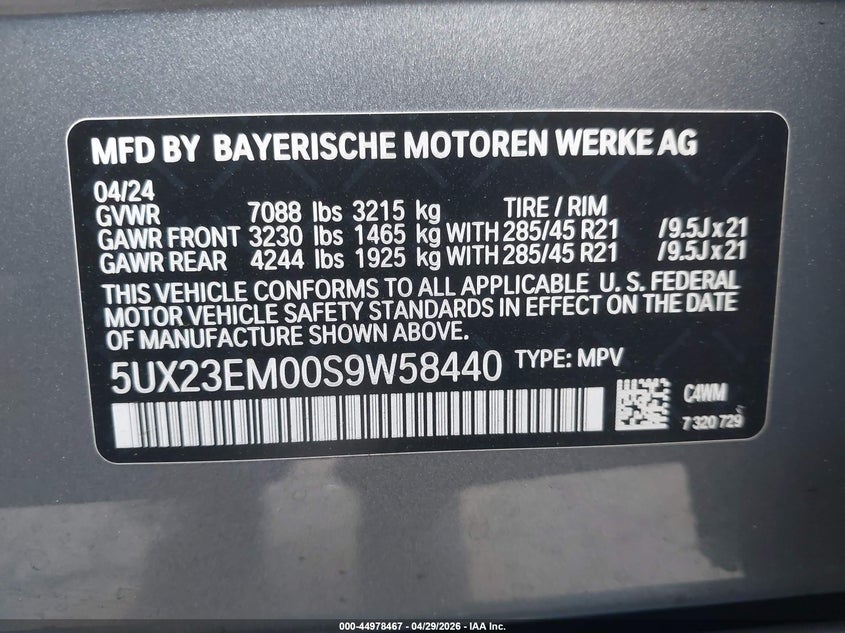 2025 BMW X7 VIN 5UX23EM00S9W58440 IAAI salvage auction — FRONT END, Mv-907A (New York), sold $35,950 on 2026-07-14 (photo 9)