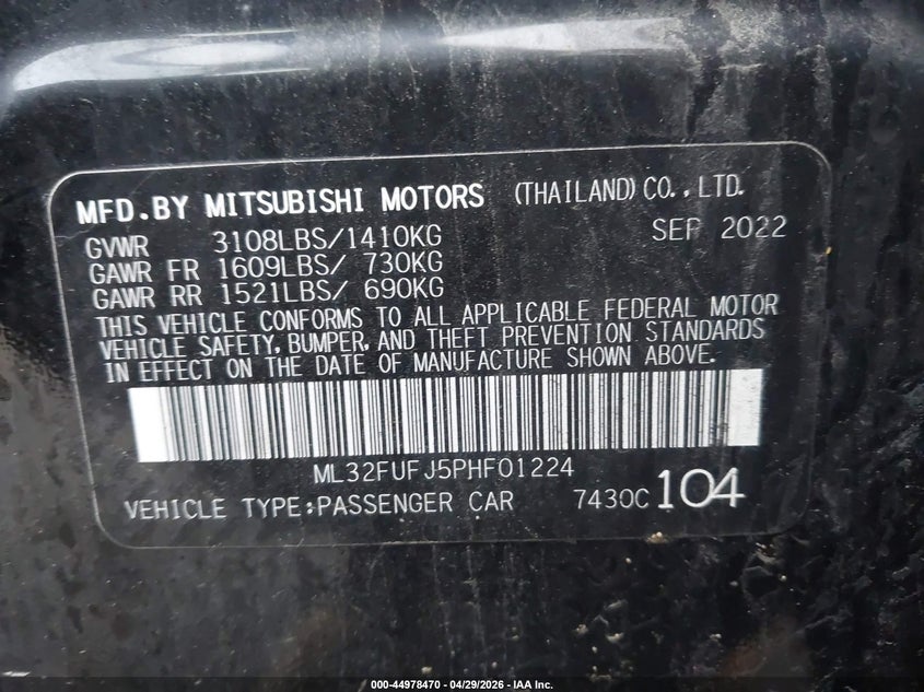 2023 Mitsubishi Mirage VIN ML32FUFJ5PHF01224 IAAI salvage auction — FRONT END, Salvage (Indiana), sold $2,150 on 2026-07-29 (photo 9)