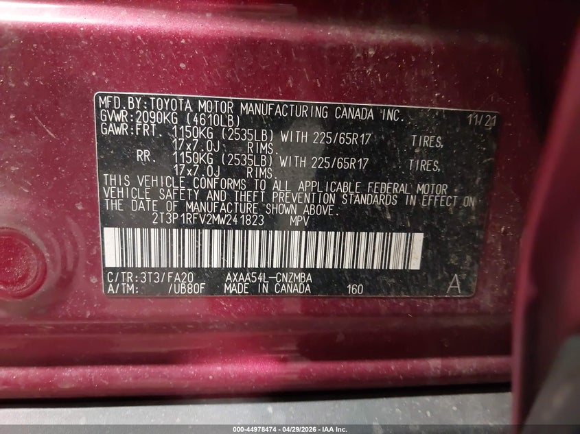 2021 Toyota Rav 4 VIN 2T3P1RFV2MW241823 IAAI salvage auction — FRONT END, Salvage (Colorado), sold $8,100 on 2026-07-09 (photo 9)