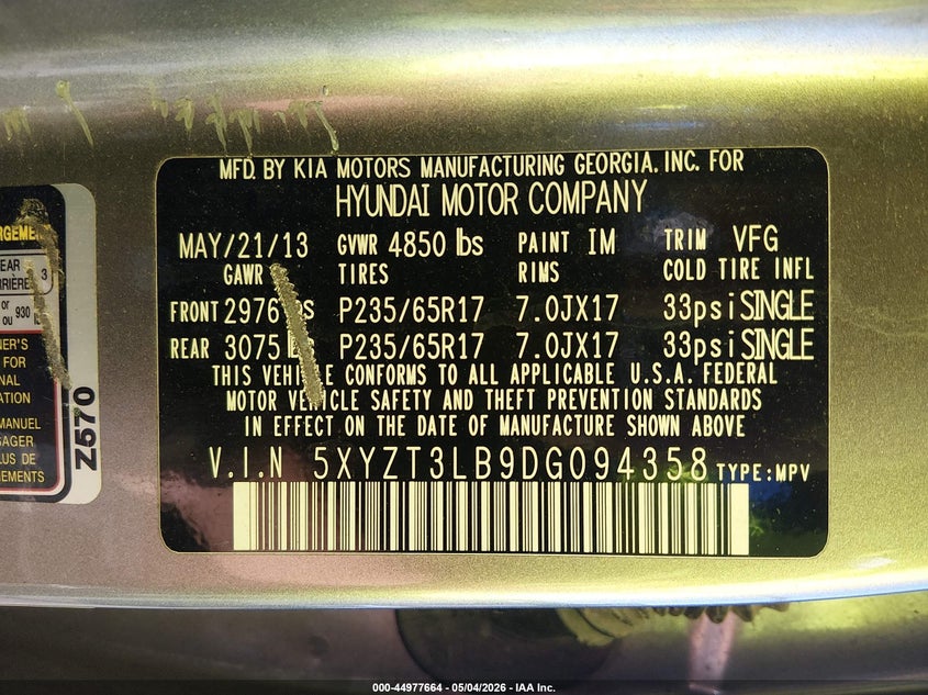 2013 Hyundai Santa fe VIN 5XYZT3LB9DG094358 IAAI salvage auction — RIGHT FRONT, Salvage (Louisiana), sold $475 on 2026-07-06 (photo 9)