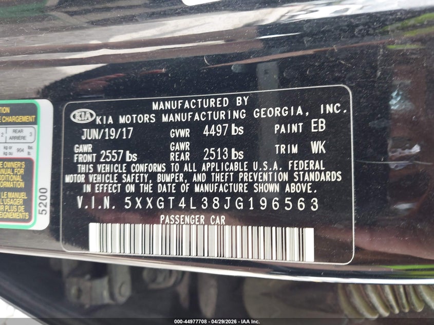 2018 Kia Optima VIN 5XXGT4L38JG196563 IAAI salvage auction — FRONT END, Salvage (Kansas), sold $700 on 2026-07-10 (photo 9)