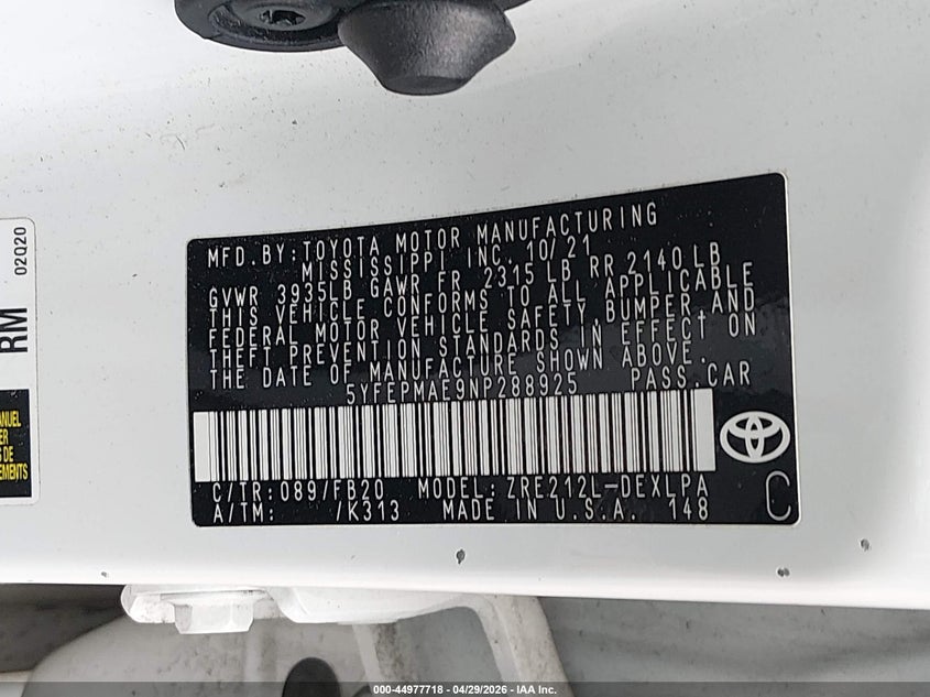 2022 Toyota Corolla VIN 5YFEPMAE9NP288925 IAAI salvage auction — FRONT END, Salvage (Kentucky), sold $3,050 on 2026-07-29 (photo 9)
