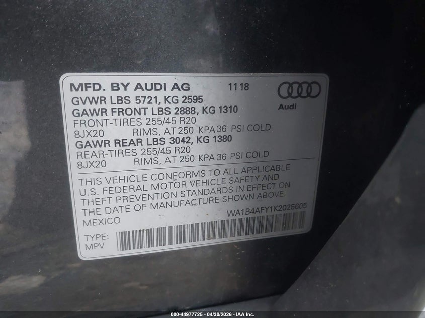 2019 Audi Sq5 VIN WA1B4AFY1K2025605 IAAI salvage auction — FRONT END, Salvage (Massachusetts), sold $5,900 on 2026-07-31 (photo 9)