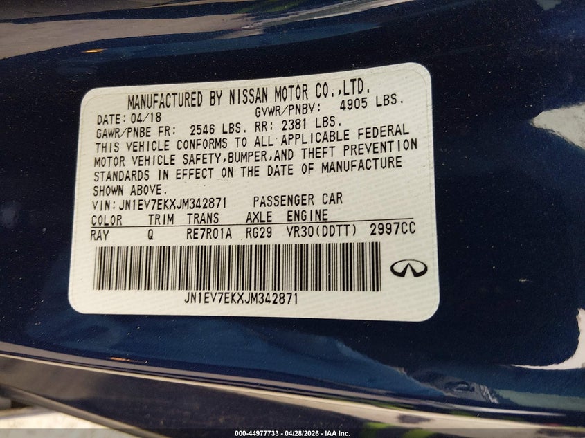 2018 Infiniti Q60 VIN JN1EV7EKXJM342871 IAAI salvage auction — LEFT SIDE, Salvage Title, sold $6,500 on 2026-07-28 (photo 9)