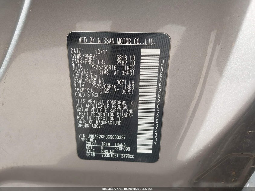 2012 Nissan Quest VIN JN8AE2KP0C9033337 IAAI salvage auction — UNKNOWN, Salvage (Hawaii), sold $250 on 2026-08-01 (photo 9)