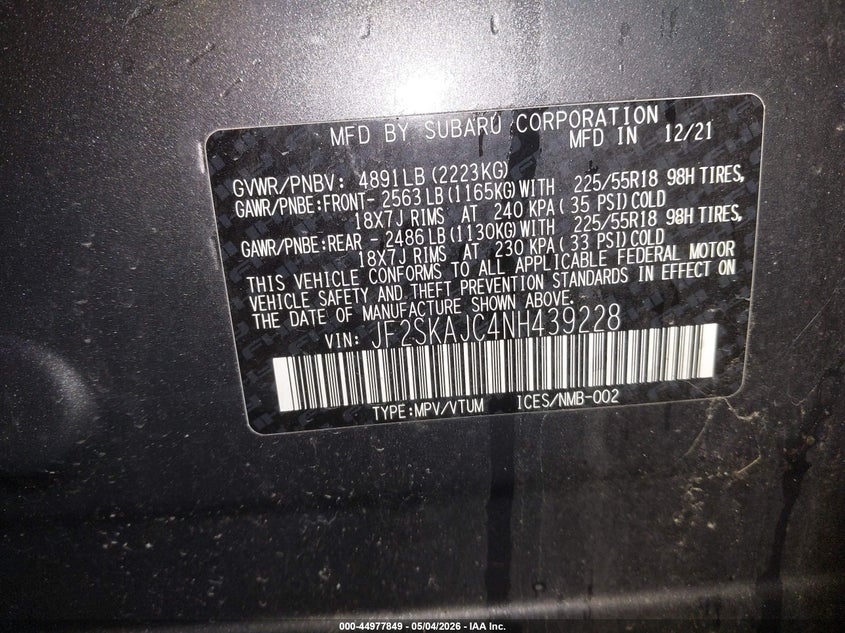 2022 Subaru Forester VIN JF2SKAJC4NH439228 IAAI salvage auction — HAIL, Salvage (Maine), sold $8,300 on 2026-08-02 (photo 9)