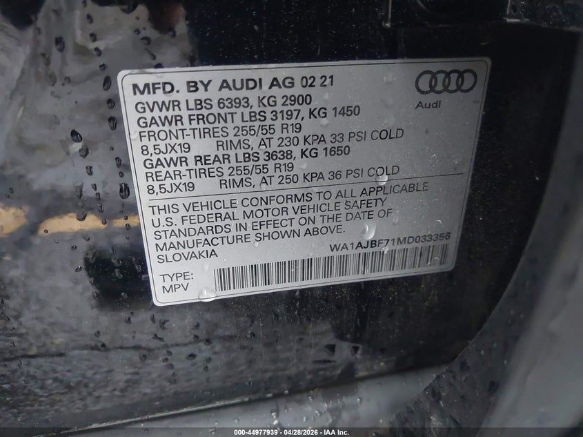2021 Audi Q7 VIN WA1AJBF71MD033356 IAAI salvage auction — FRONT END, Salvage Title, sold $5,900 on 2026-07-29 (photo 9)