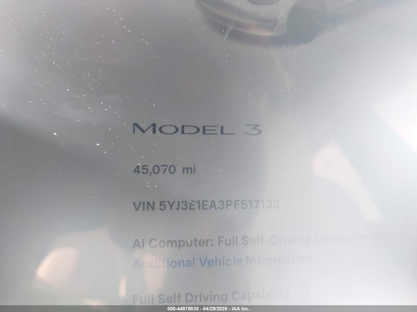 2023 Tesla Model 3 VIN 5YJ3E1EA3PF517133 IAAI salvage auction — FRONT & REAR, Salvage Title, sold $6,100 on 2026-07-09 (photo 7)