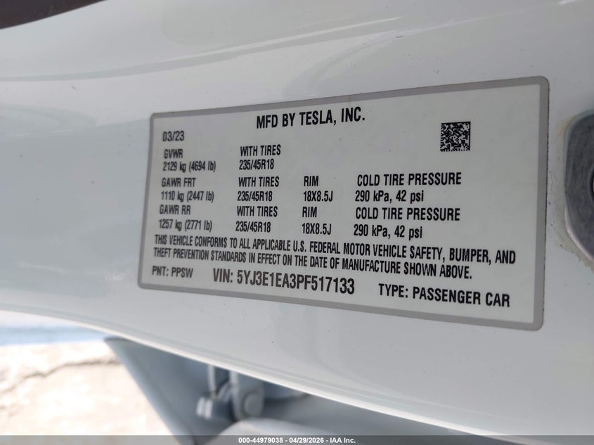 2023 Tesla Model 3 VIN 5YJ3E1EA3PF517133 IAAI salvage auction — FRONT & REAR, Salvage Title, sold $6,100 on 2026-07-09 (photo 9)