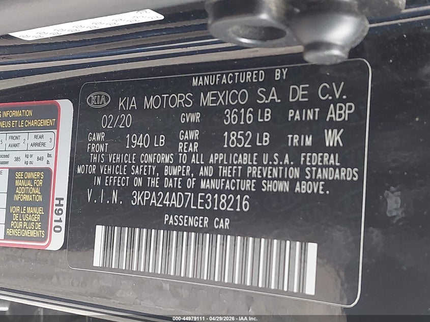 2020 Kia Rio VIN 3KPA24AD7LE318216 IAAI salvage auction — SIDE, Salvage (Texas), sold $2,000 on 2026-07-31 (photo 9)