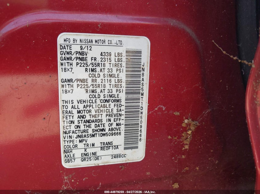 2013 Nissan Rogue VIN JN8AS5MT1DW509666 IAAI salvage auction — NORMAL WEAR, Salvage Title, sold $250 on 2026-07-10 (photo 9)