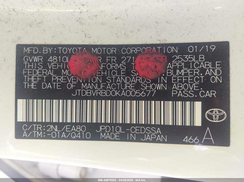 2019 Toyota Mirai VIN JTDBVRBD0KA005677 IAAI salvage auction — RIGHT SIDE, Salvage Title, sold $225 on 2026-07-08 (photo 9)