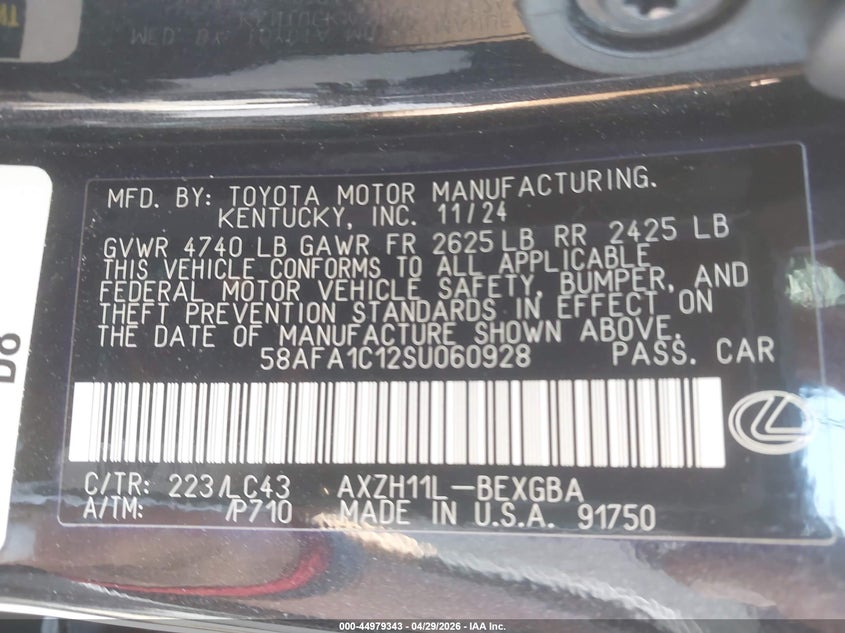 2025 Lexus ES VIN 58AFA1C12SU060928 IAAI salvage auction — FRONT & REAR, Salvage (Iowa), sold $7,200 on 2026-07-29 (photo 9)