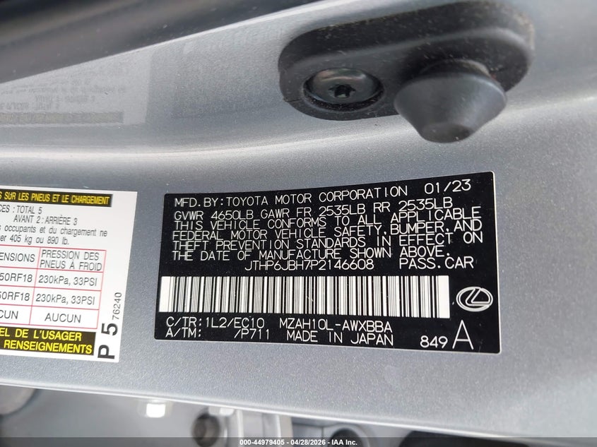 2023 Lexus Ux VIN JTHP6JBH7P2146608 IAAI salvage auction — FRONT END, Salvage Title, sold $10,700 on 2026-07-05 (photo 9)